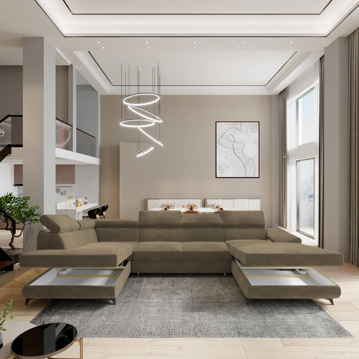 WOHNLANDSCHAFT RUBANO L-S Beige Velours-Stoff mit Schlaffunktion - Beige, Holz (339/89/190cm) - MASSENO