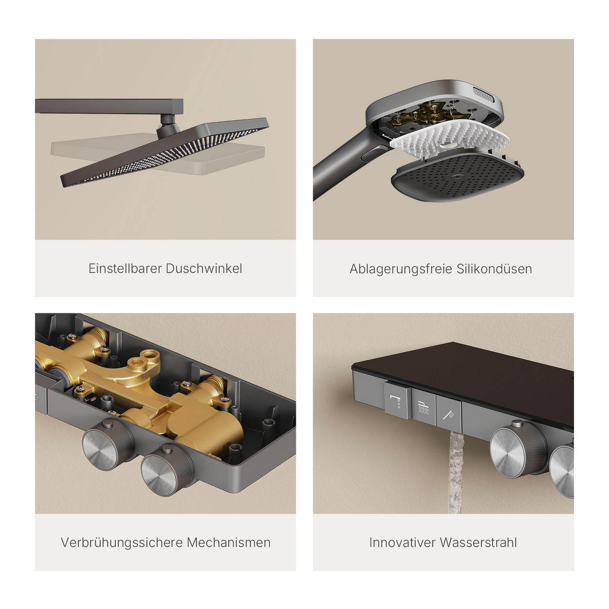 ÜBERKOPFBRAUSESET mit Thermostat Einstellbarer Durchfluss 4-Strahl Anthrazit Matt - Anthrazit, Metall (40.2/105/57.3cm) - EMKE