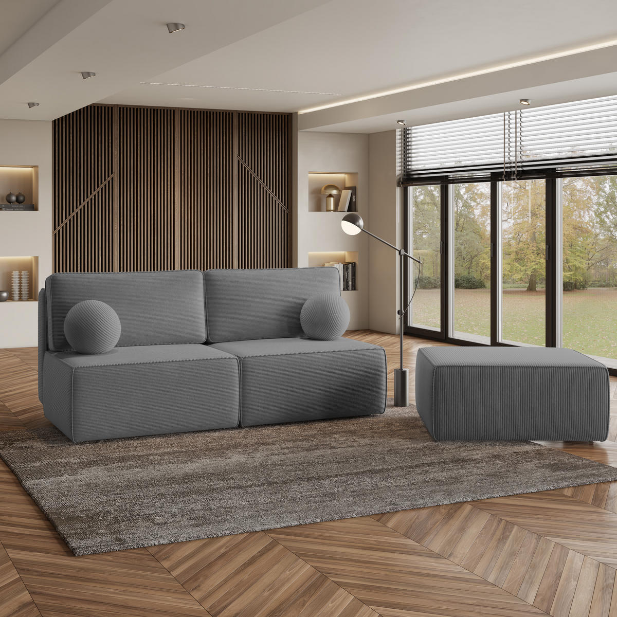 ECKSOFA VARNA P Grau Kordstoff mit Schlaffunktion - Grau, Holz (196/158cm) - MASSENO