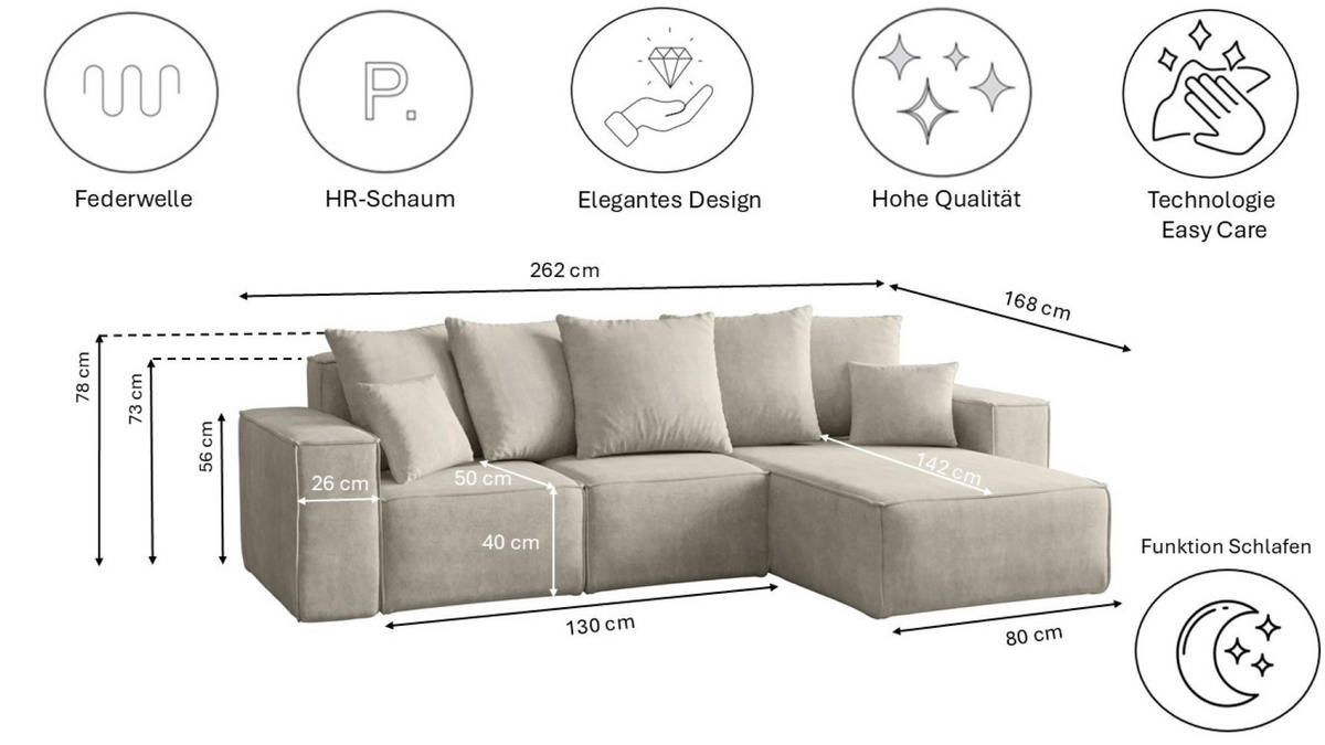 ECKSOFA L-Form Premium Kollektion ELLA Stoff Velours Noel Hellgrau Rechts - Hellgrau, Holz/Textil (262/168cm) - Kaiser Möbel
