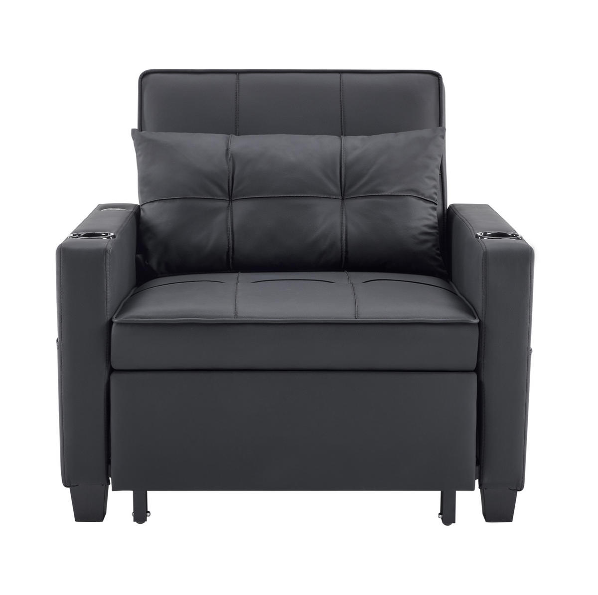SCHLAFSESSEL mit 3-in-1-Funktion, ausziehbar, verstellbarer Liegestuhl mit USB-Anschluss und Getränkehaltern, Schwarz - Schwarz, Holz (74/84/87cm) - Redom