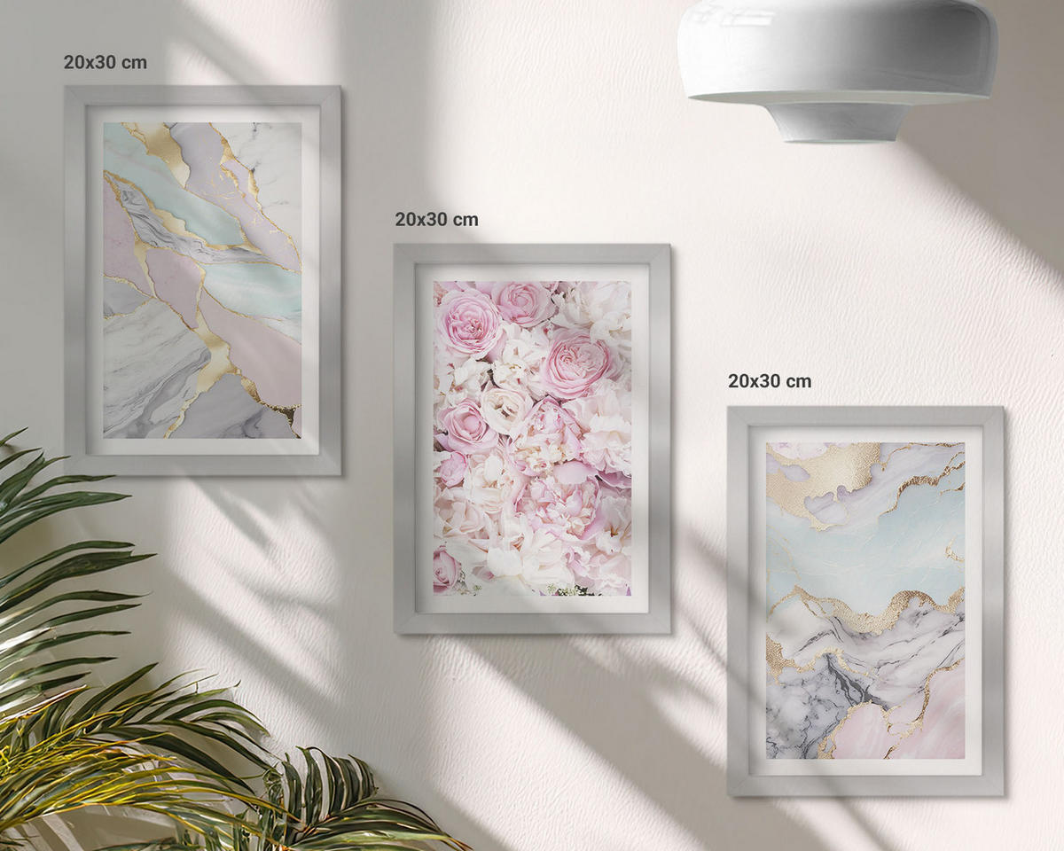 WANDBILDER 3er Set - 20x30 cm Silberner Rahmen - Rosa Blumen Marmor Pastell - Silberfarben, Kunststoff (20/30cm) - ArtPrintCave