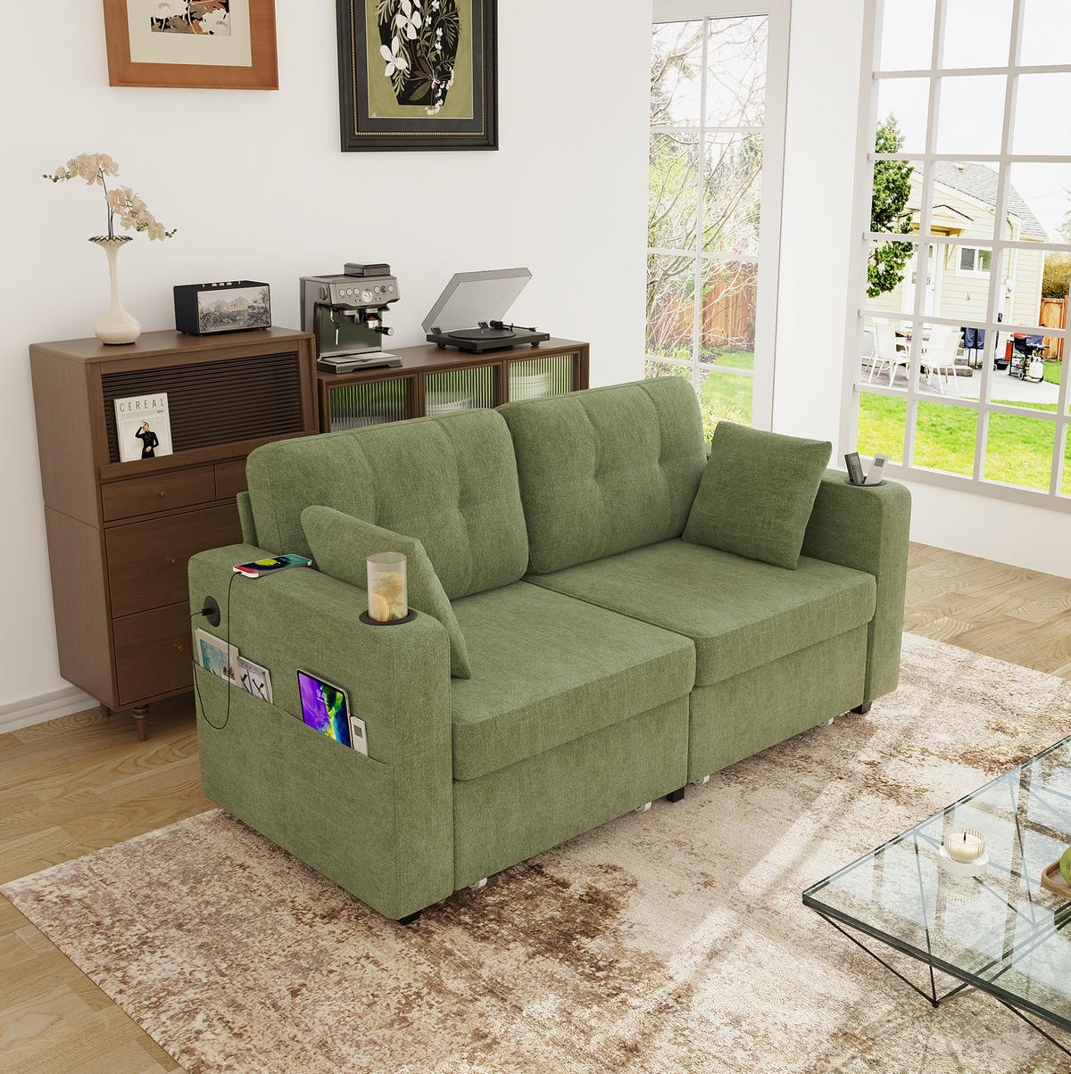 SOFA mit Stauraumschubladen und USB 172 x 75 x 82 cm Chenille Olive - Olivgrün, Holzwerkstoff (172/82/75cm) - Meubliv