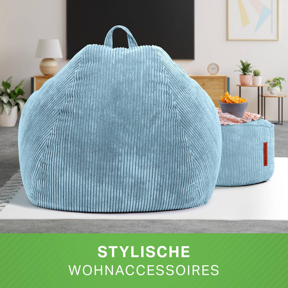 XXL-SITZSACK 2er Set + Pouf - Cordstoff - Hellblau, Textil (90/110/90cm) - Green Bean