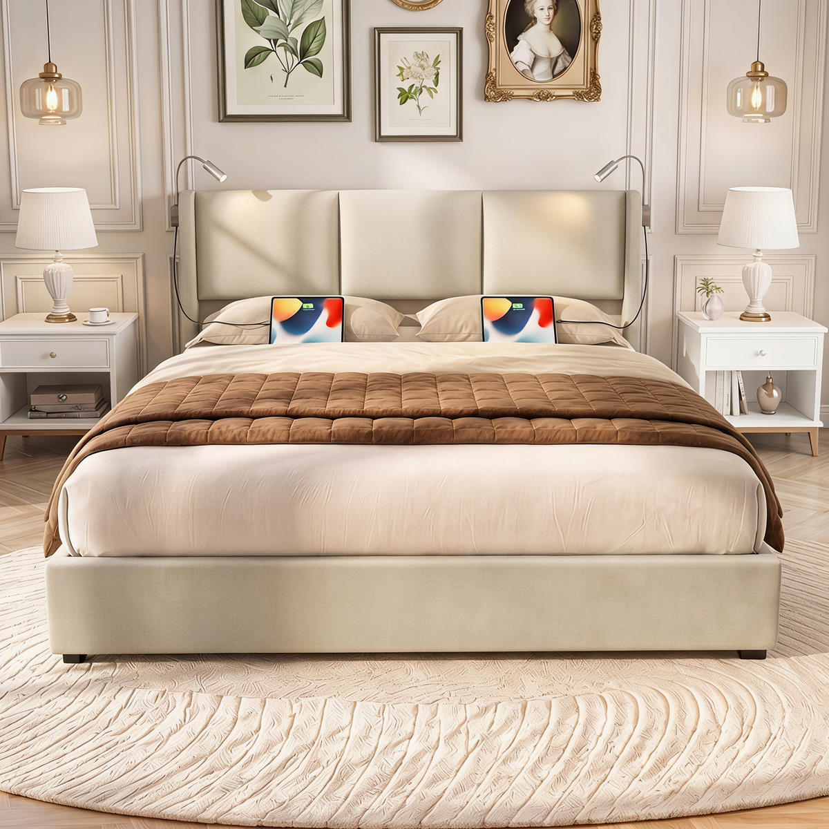 POLSTERBETT 160x200 cm mit Stauraum, Ladestation, Kopfteillampe - Beige, Holzwerkstoff/Textil (160/200cm) - WoodenAura