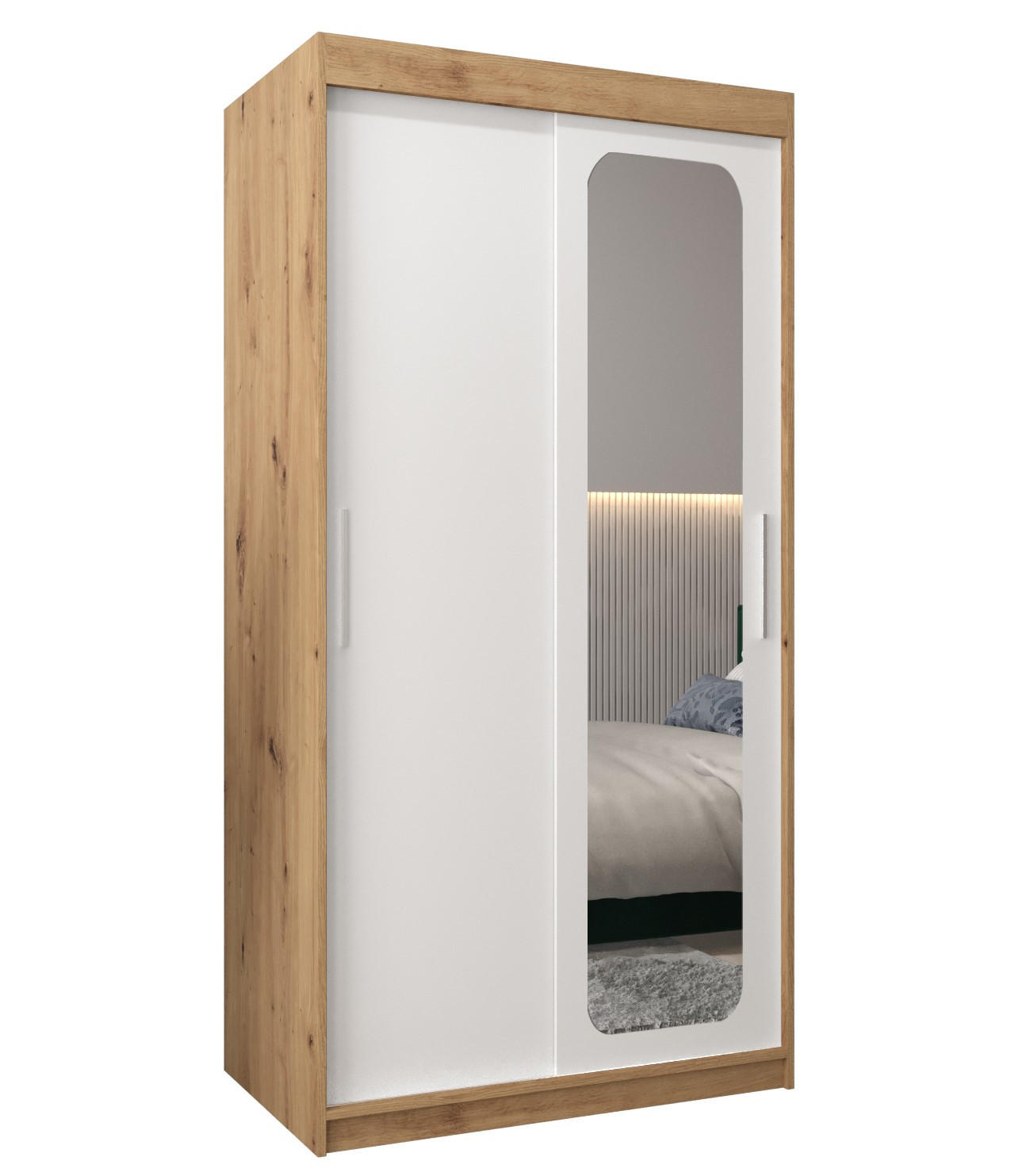 Abiks Möbel Schwebetürenschrank Eiche Artisan, Weiß 100x200x62 cm