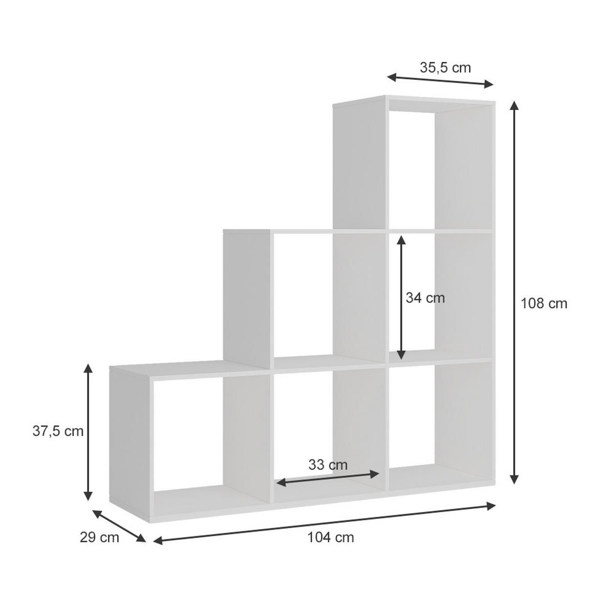 TREPPENREGAL Theresa Weiß 104 x 108 cm 6 Fächer - Weiß, Holzwerkstoff (104/108/29cm) - Vicco