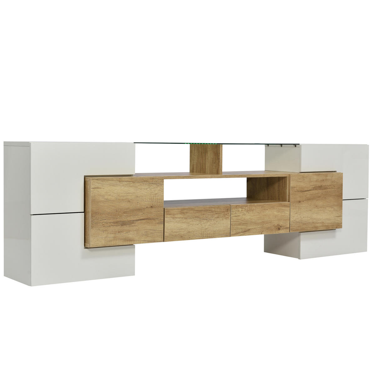 TV komoda 200/35/60 cm bijelo-prirodna od MDF-a s LED rasvjetom i velikim prostorom za odlaganje - bijela, drvni materijal (200/60/35cm) - OKWISH