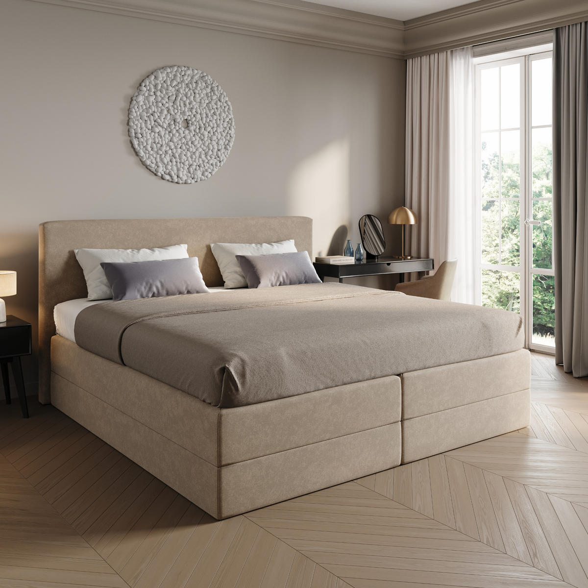 BOXSPRINGBETT mit Bonnell Matratze, mit Kopfteil, 200 x 200 cm, in Beige - Beige, Naturmaterialien (200/200cm) - Home Collective
