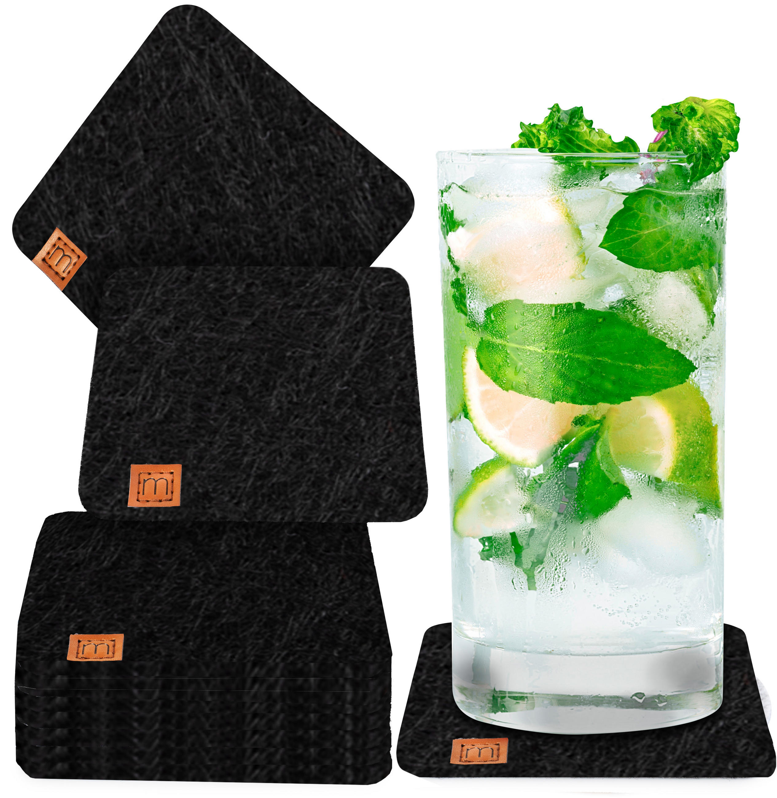 GLASUNTERSETZER mit Lederlabel 10er-Set - Schwarz, Textil (10/10cm) - Miqio Design