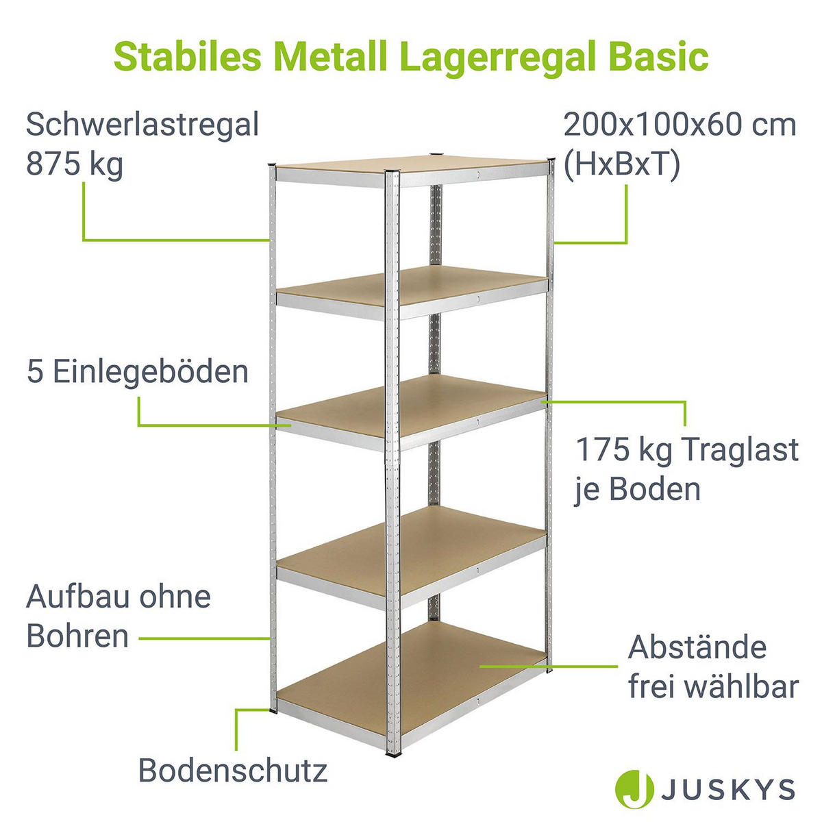 LAGERREGAL Basic verzinkt 200x100x60 cm - Silberfarben, Metall (100/200/60cm) - Juskys