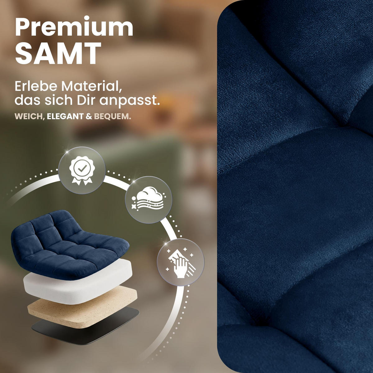 STUHL Samt Dunkelblau - Schwarz/Dunkelblau, Textil/Metall (45/84/55cm) - CLP