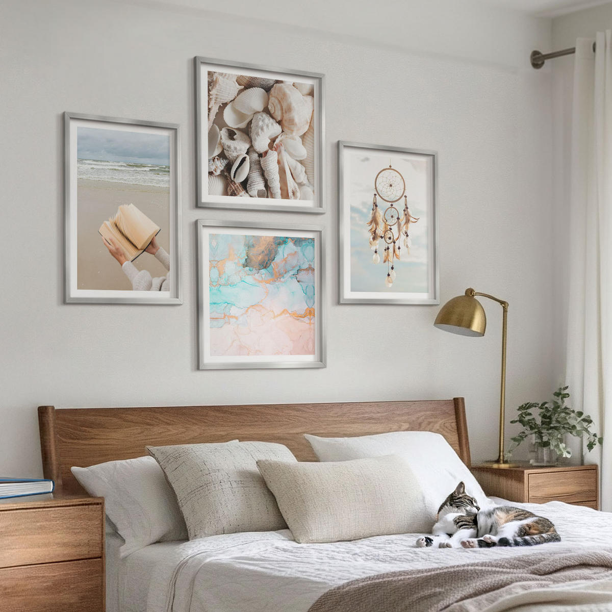 WANDBILDER 4er Set - 50x50 cm & 40x60 cm Silberner Rahmen - Boho-Buch mit Muscheln - Silberfarben, Kunststoff (50/50cm) - ArtPrintCave