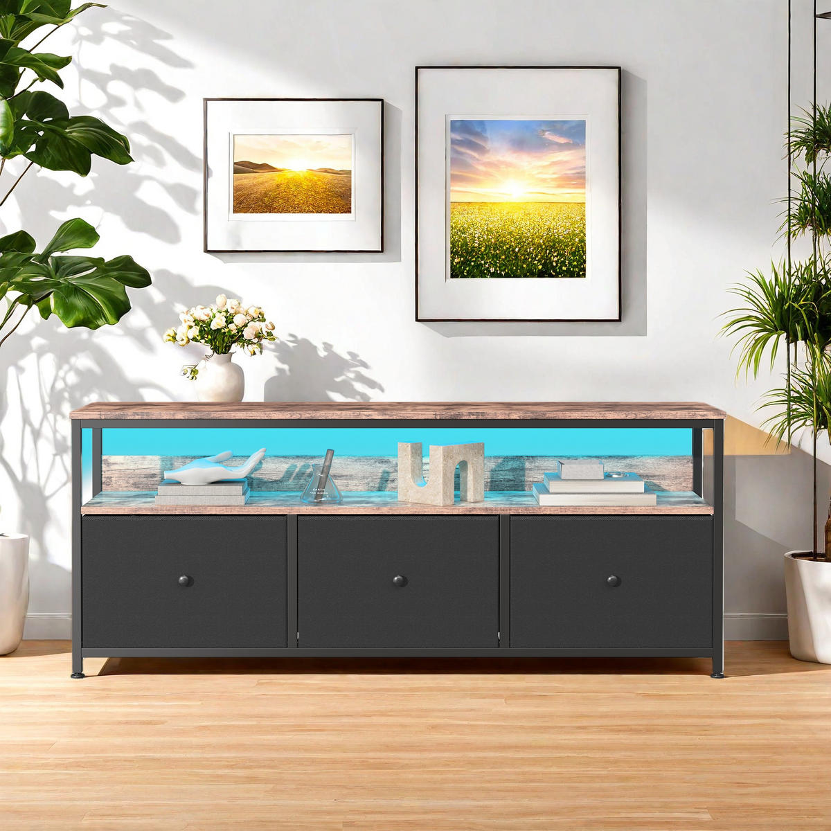 TV-SCHRANK mit Retro-Holzoptik, LED-Licht & 3 Stoffschubladen - Schwarz, Holzwerkstoff (29.8/57/108cm) - SHOPENTRA