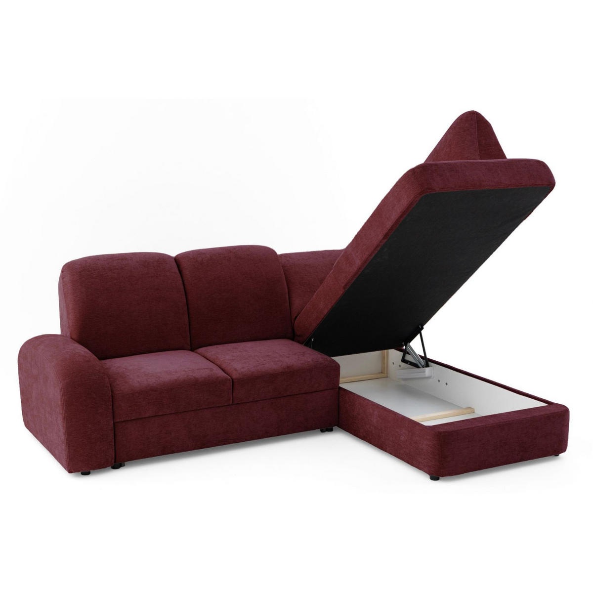 ECKSOFA VIBE L Rechts mit Schlaffunktion 129x205 Chenille Bordeaux - Bordeaux/Schwarz, Holz/Kunststoff (250/186cm) - Muffo