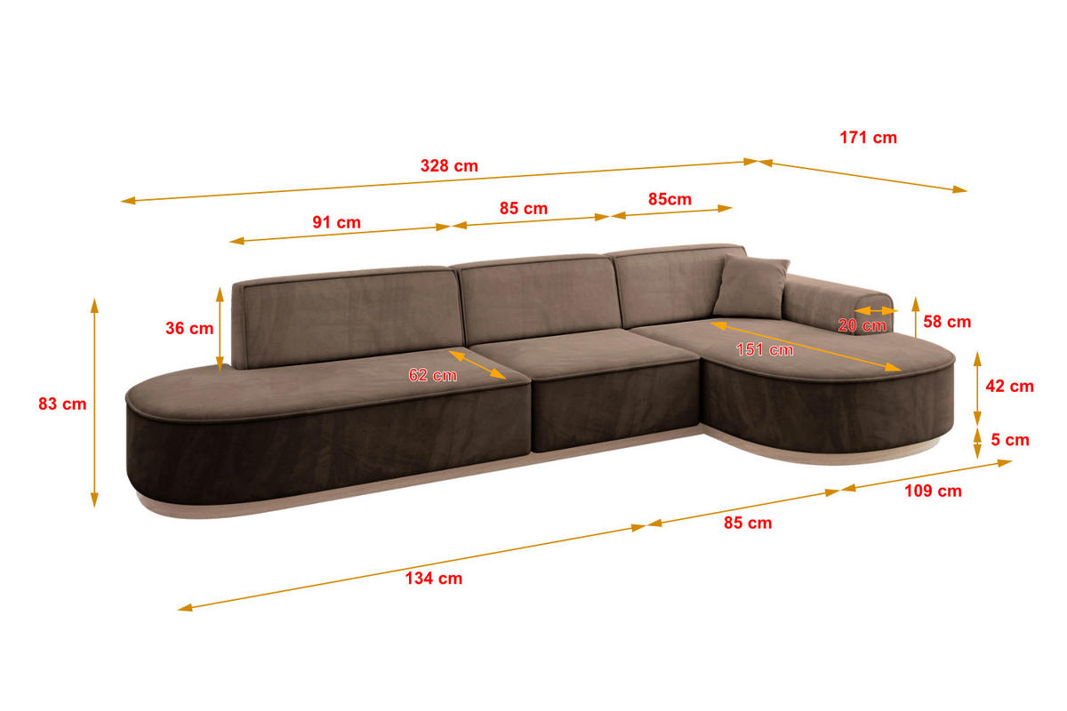 ECKSOFA Ottomane Rechts MARI-L2-v1 - 328x171x83 cm Braun Velours - Braun, Holzwerkstoff/Textil (171/328cm) - ALTDECOR