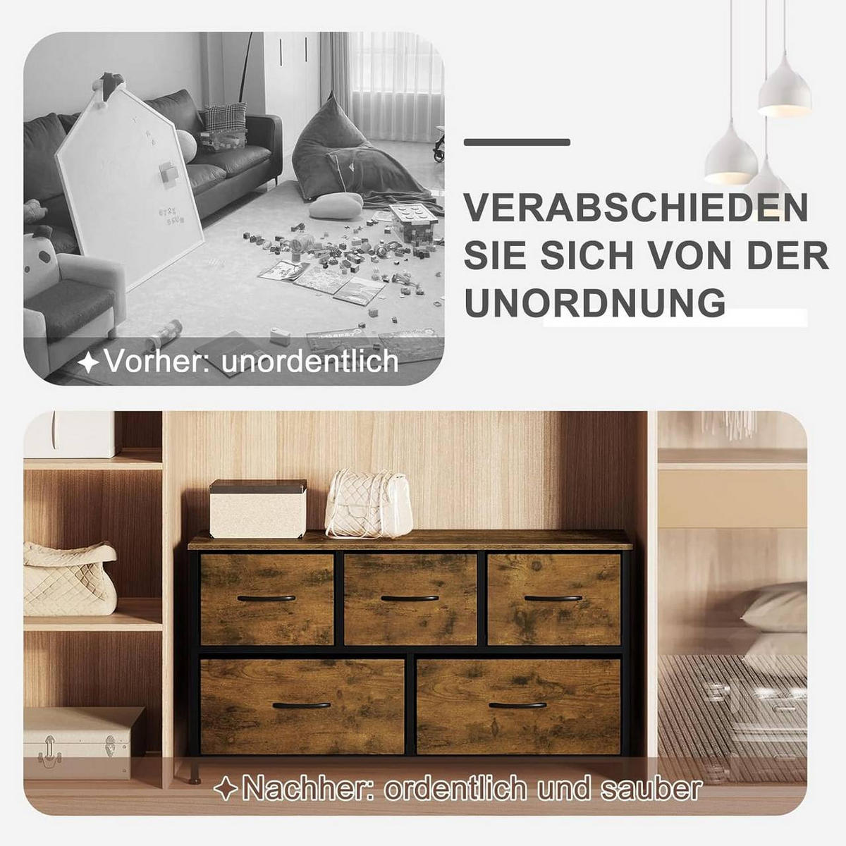 KOMMODENSCHRANK mit 5 Schubladen aus Holzwerkstoff ,Metallrahmen,Vintagebraun - Dunkelbraun/Schwarz, Holzwerkstoff/Metall (100/54/30cm) - Woltu