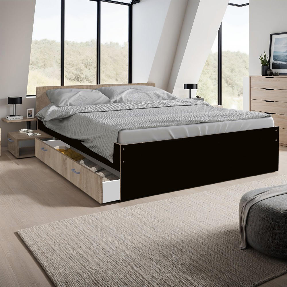 BETT TWIST mit Nachttisch/ Bett 140x190 - Schwarz und gebleichte Eiche Dekor - Multicolor, Holzwerkstoff (140/190cm) - Weber Industries