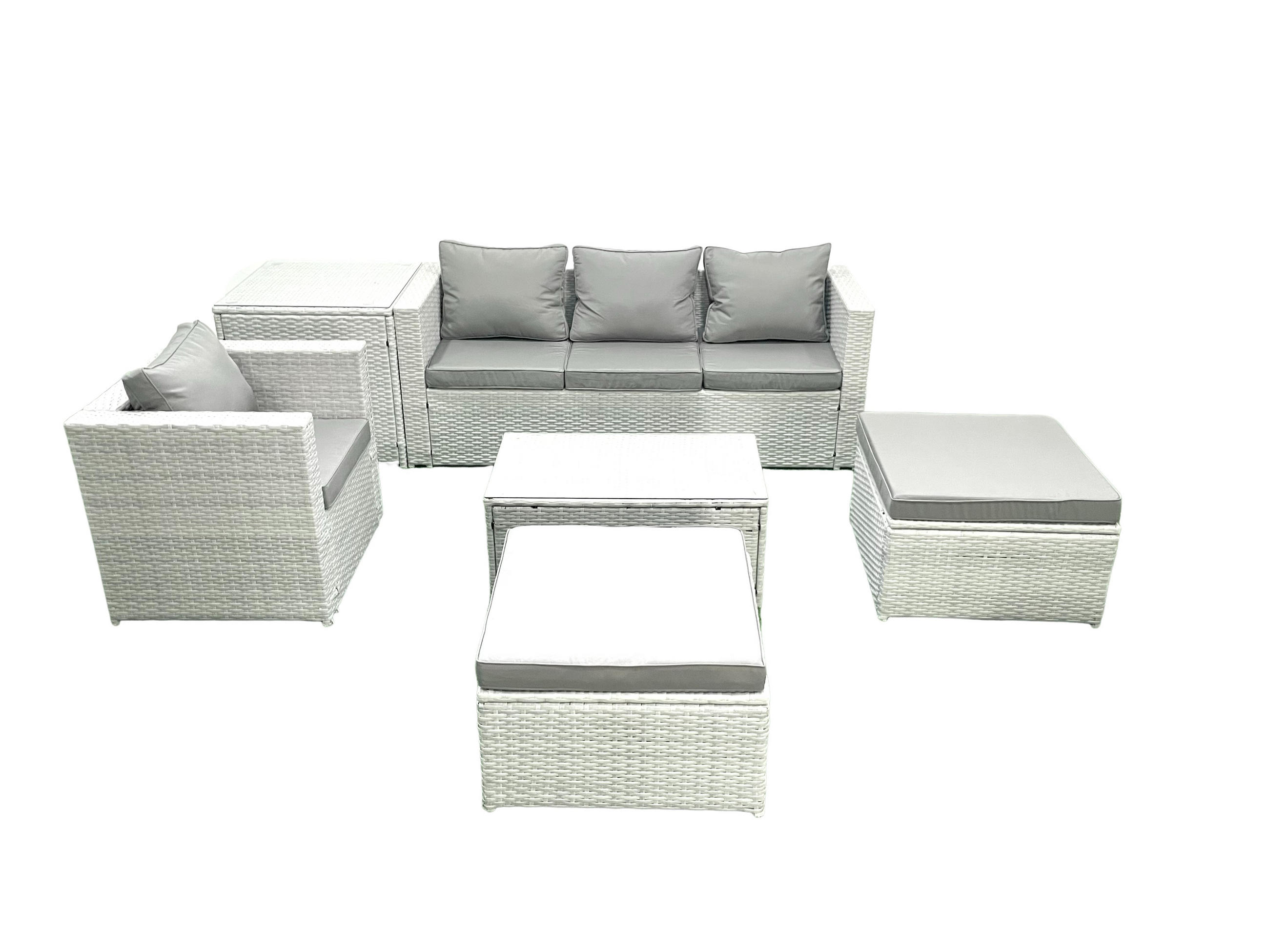 GARTENSET mit 3-SITZER SOFA,COUCHTISCH Polyrattan Hellgrau-Mix 6-Sitzer - Hellgrau/Grau, Glas/Kunststoff - Fimous