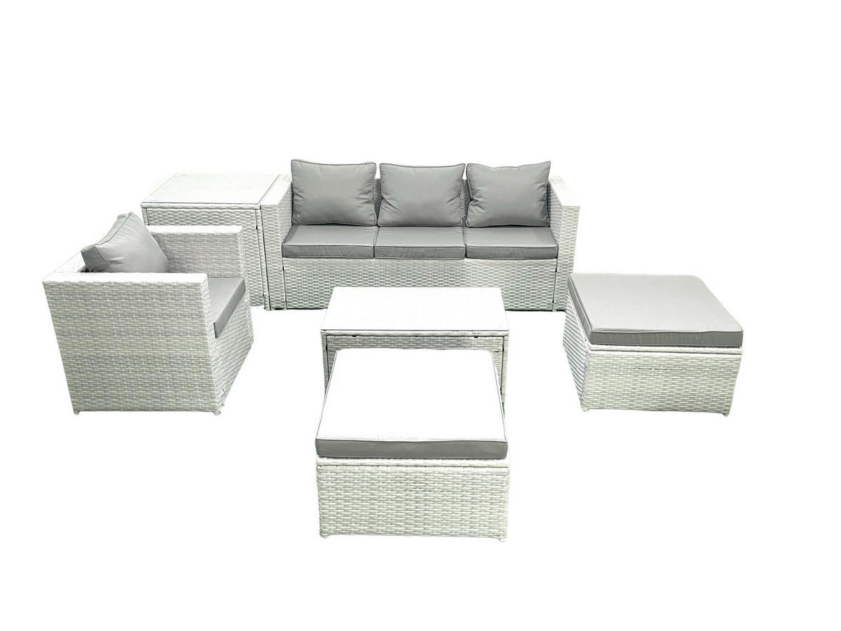 GARTENSET mit 3-SITZER SOFA,COUCHTISCH Polyrattan Hellgrau-Mix 6-Sitzer - Hellgrau/Grau, Glas/Kunststoff - Fimous