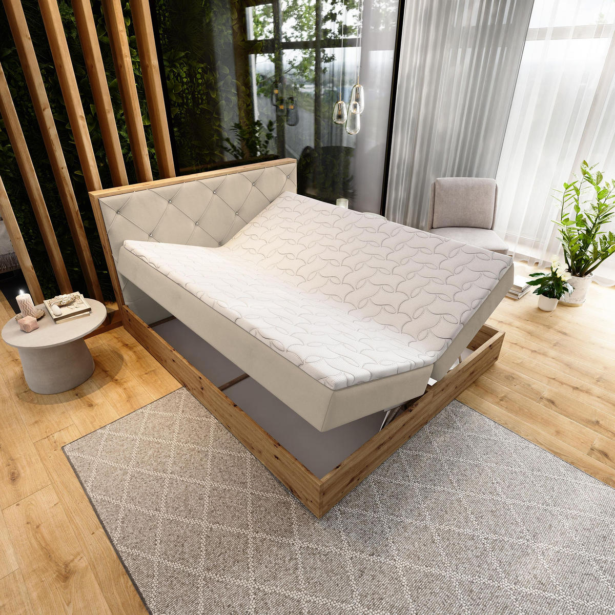 BOXBETT FOSCO 180x200 cm mit Matratze und Topper - Beige - Beige, Holz (180/200cm) - MASSENO