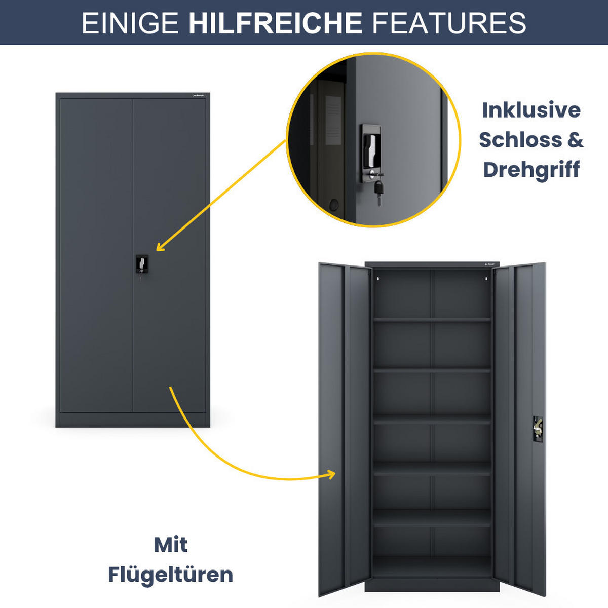 AKTENSCHRANK abschließbar KADO Flügeltüren 195x90x60cm Anthrazit - Anthrazit, Metall (90/195/60cm) - DELUKE