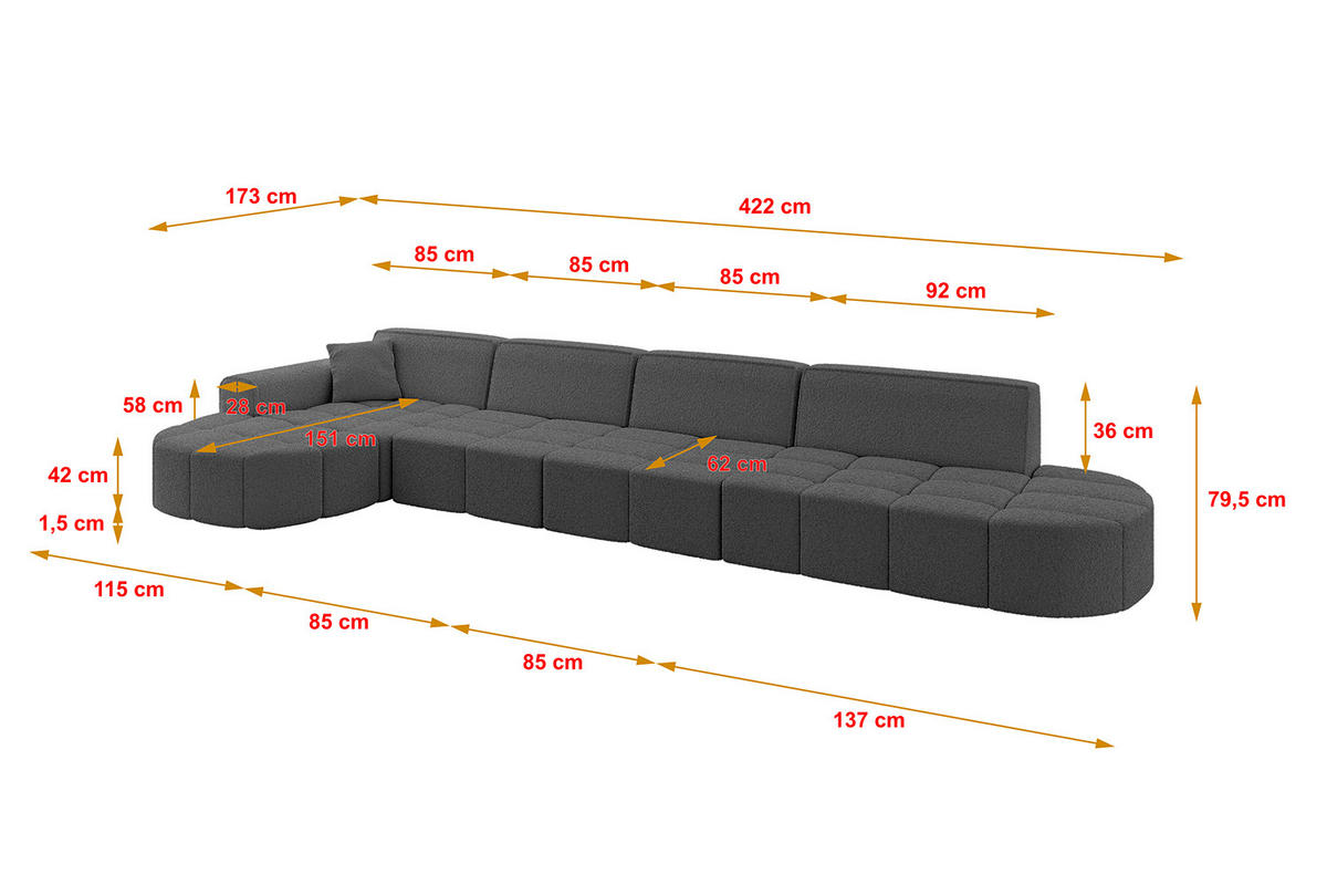 ECKSOFA Ottomane Links LIVO-L3 - 422x173x79,5 cm Grau - Grau, Holzwerkstoff/Textil (422/173cm) - ALTDECOR
