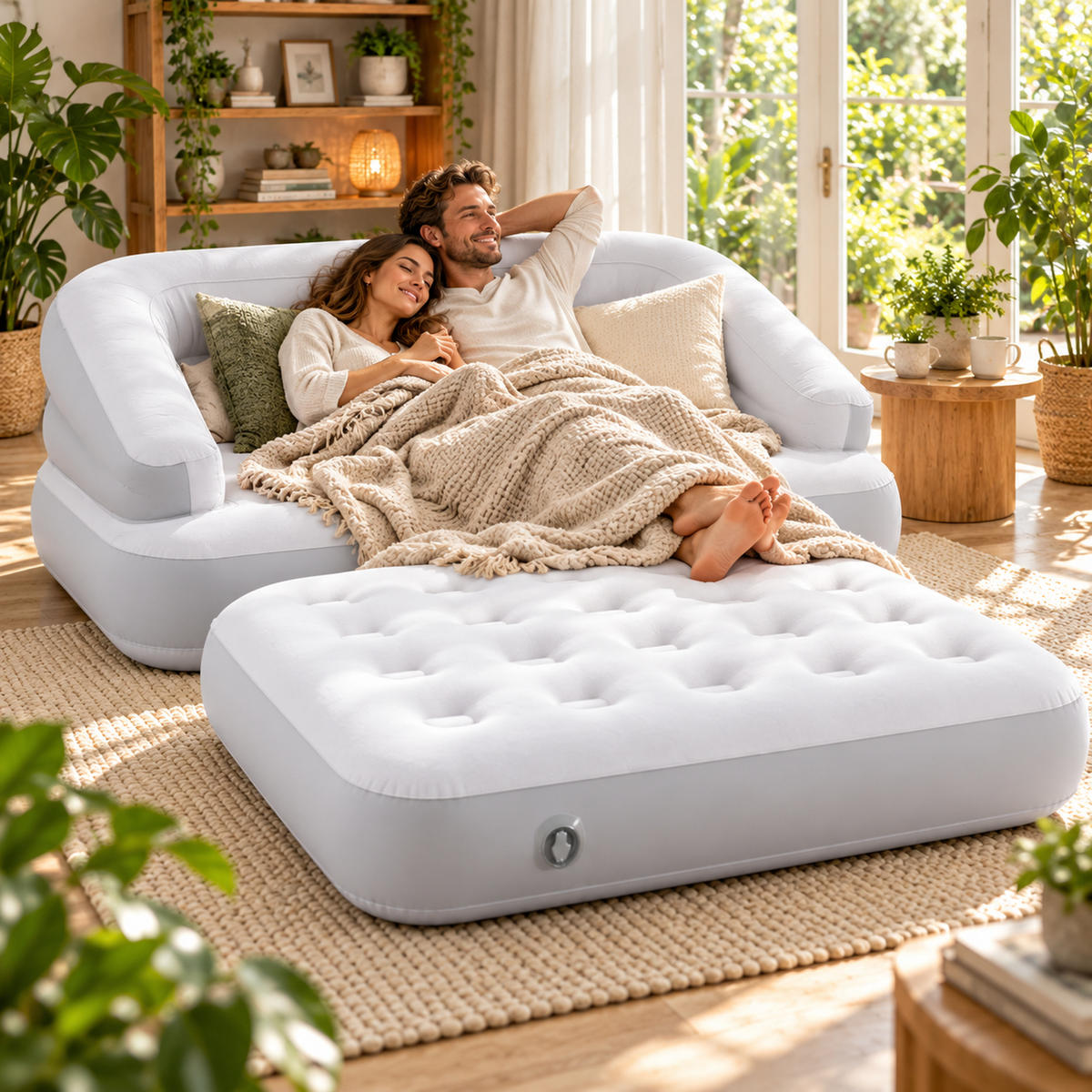 LUFTSOFA aufblasbares Sofa 198 x 138 x 62 cm weiß-grau wandelbar zum Doppelbett - Weiß/Grau, Kunststoff (138/198cm) - Avenli
