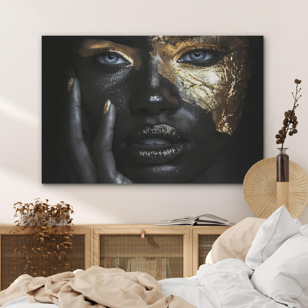 AKUSTIKPANEEL Frau - Gold - Porträt - Schwarz-Weiß - Luxus 100x70 cm - Hellblau, Textil (100/0.9/70cm) - MuchoWow