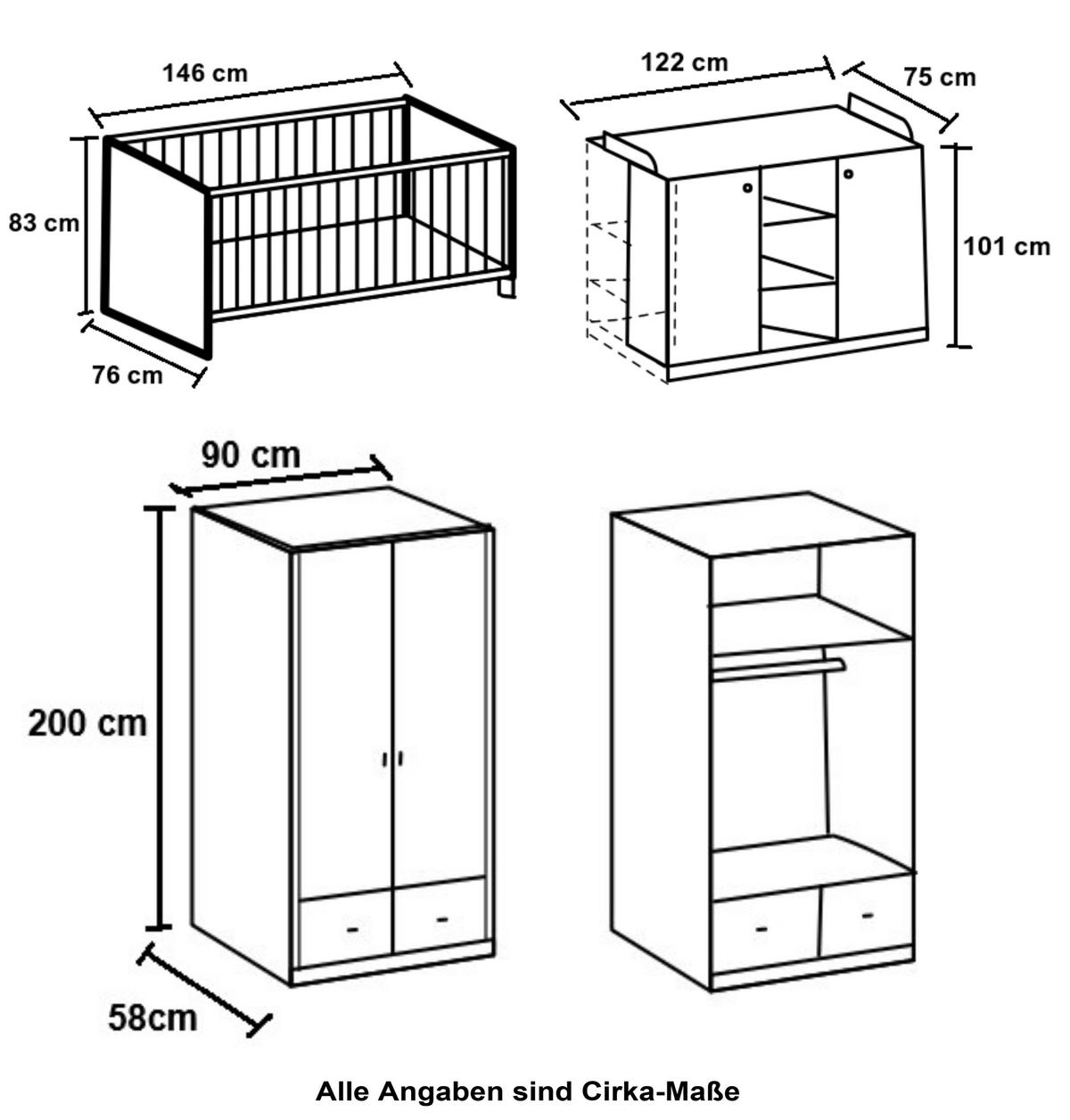 BABYZIMMER-SET 3-tlg.: Babybett & Wickelkommode & Kleiderschrank 2-türig mit Schubladen B90/H200/T58 cm, Soft-Close, Landhausstil Weiß / 22802 - Silberfarben/Weiß, Holzwerkstoff/Metall (76/83/146cm) - luma-home