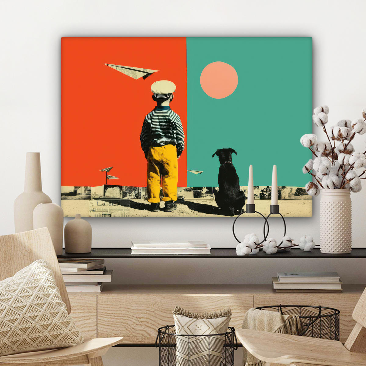 LEINWANDBILD Retro - Junge - Hund - Rot - Grün Wandbilder 80x60 cm - Orange, Textil (80/60cm) - MuchoWow