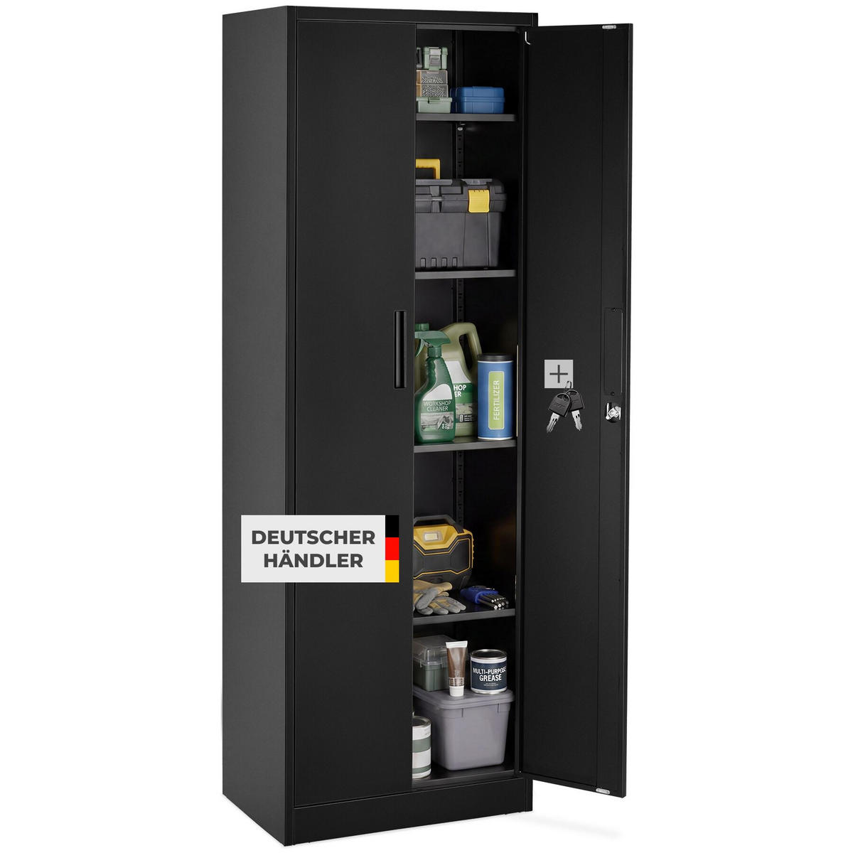AKTENSCHRANK Brandon, Kippschutz, höhenverstellbare Füße, schwarz - Schwarz, Metall (60/180.5/40cm) - tectake