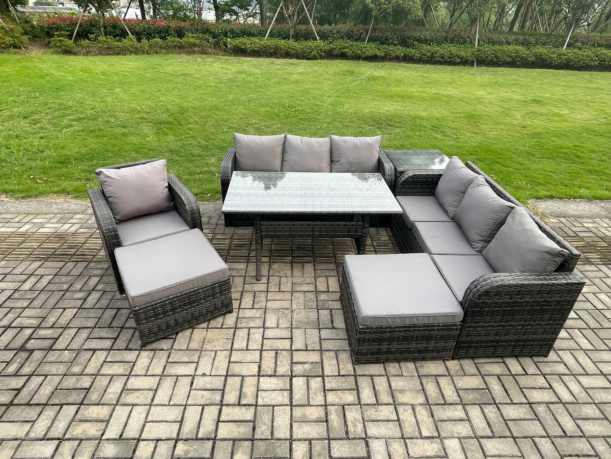 GARTENTISCHGRUPPE mit Beistelltisch,2 Hocker Polyrattan Dunkelgrau 9-Sitzer - Dunkelgrau/Grau, Glas/Kunststoff - Fimous
