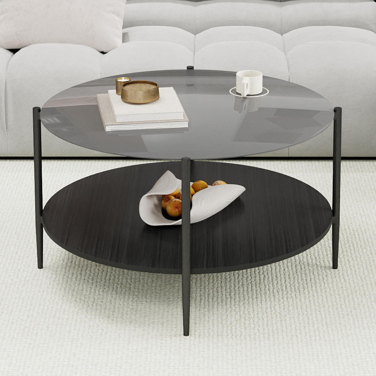 COUCHTISCH DE-37287 rund mit Glasplatte und zweistufigem Design Schwarz - Schwarz, Metall (82/82/45cm) - ComfortXL