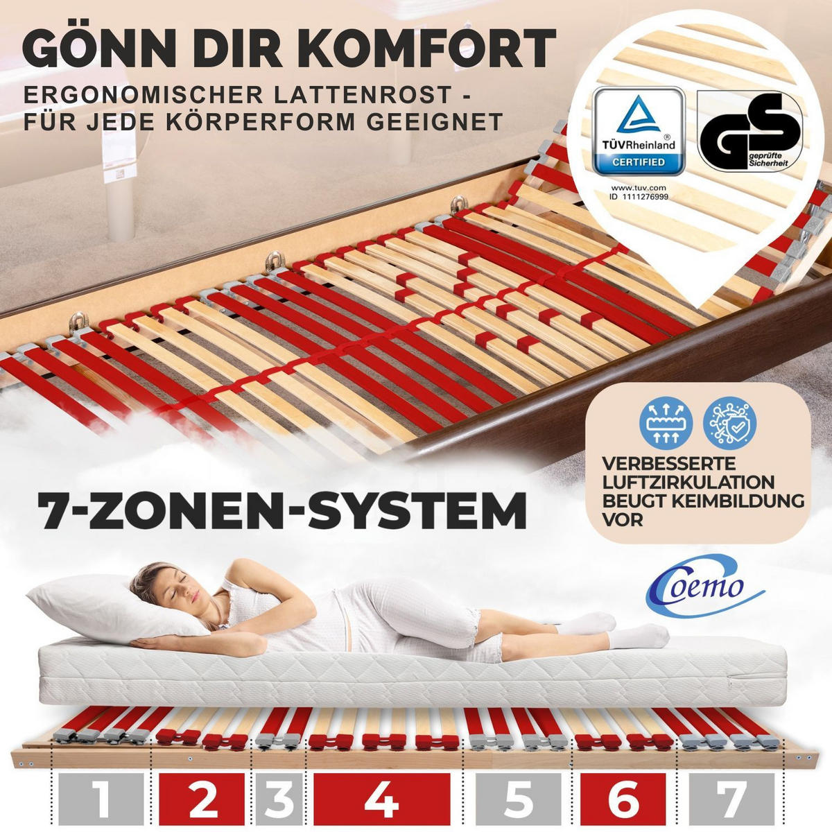 LATTENROST RUBY K 100x200 cm Kopfteil verstellbar - Naturfarben, Holz (100/200cm) - Coemo