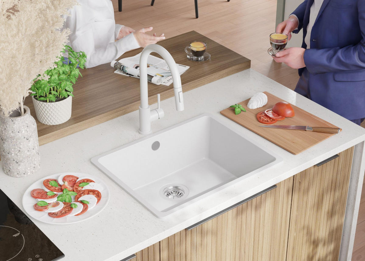 GRANITSPÜLE Venedig Slim Easy, 2-er set Weiß 56/44 cm 1 Becken + Küchenarmatur 32/20 cm + Ablauf-Set ab 60er Unterschrank - Chromfarben/Weiß, Kunststoff (56/20/44cm) - Primagran