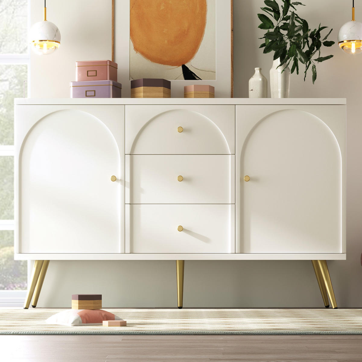 SIDEBOARD Cremeweiß, mit 2 Türen, 3 Schubladen und goldfarbenen Füßen, 140/40/84 cm - Creme, Holzwerkstoff (140/84/40cm) - WISHDOR