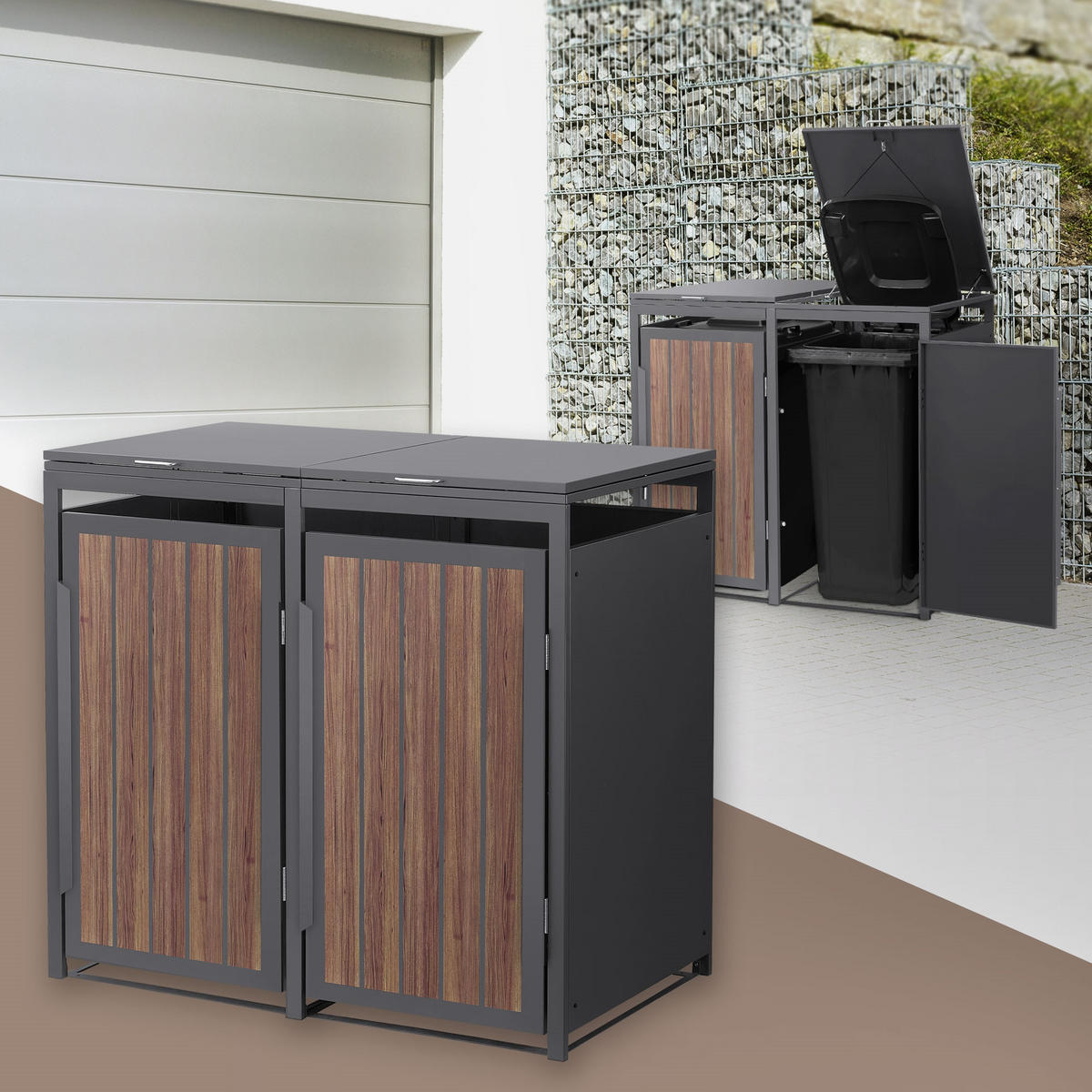 MÜLLTONNENBOX 2er 240L 132x80x120 cm Anthrazit-Eiche dunkel aus Stahl - Dunkelbraun, Metall (80/120/132cm) - ML-DESIGN