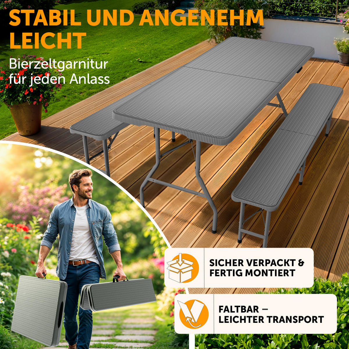 BIERZELTGARNITUR 3-teilig, 2x Bank & 1x Tisch in Grau mit Rattanmuster - Grau, Kunststoff - Blumtal