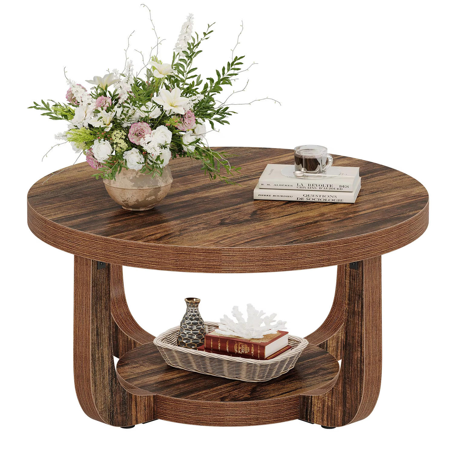 COUCHTISCH Rund 80 cm 2 Ebenen Stauraum - Braun, Holz (80/80/41cm) - Bomclap