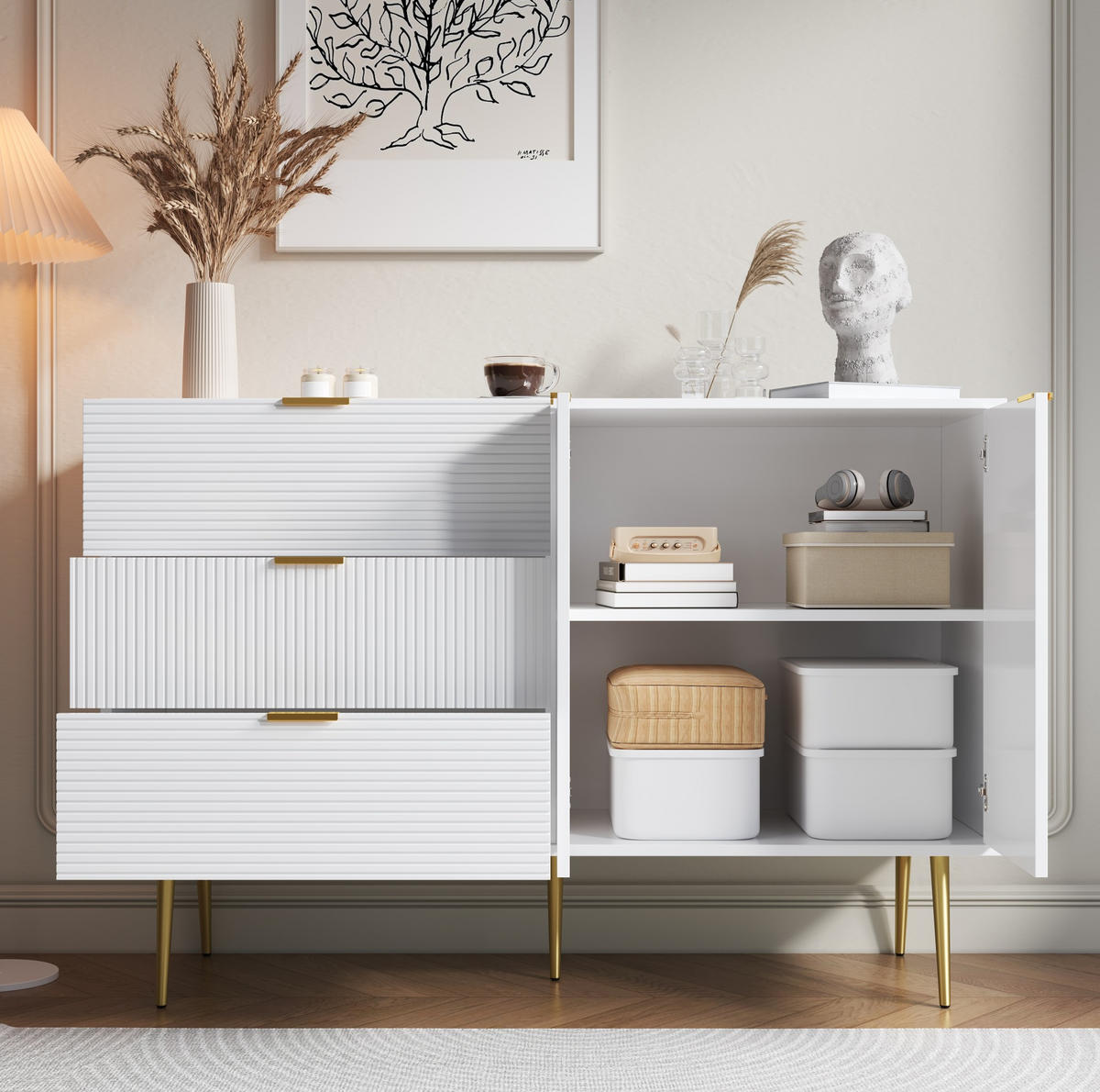 SIDEBOARD 120/38/80,5 cm aus MDF mit Wellenmuster und 3 Schubladen Weiß/Gold - Weiß, Holzwerkstoff (120/80.5/38cm) - Modenvie