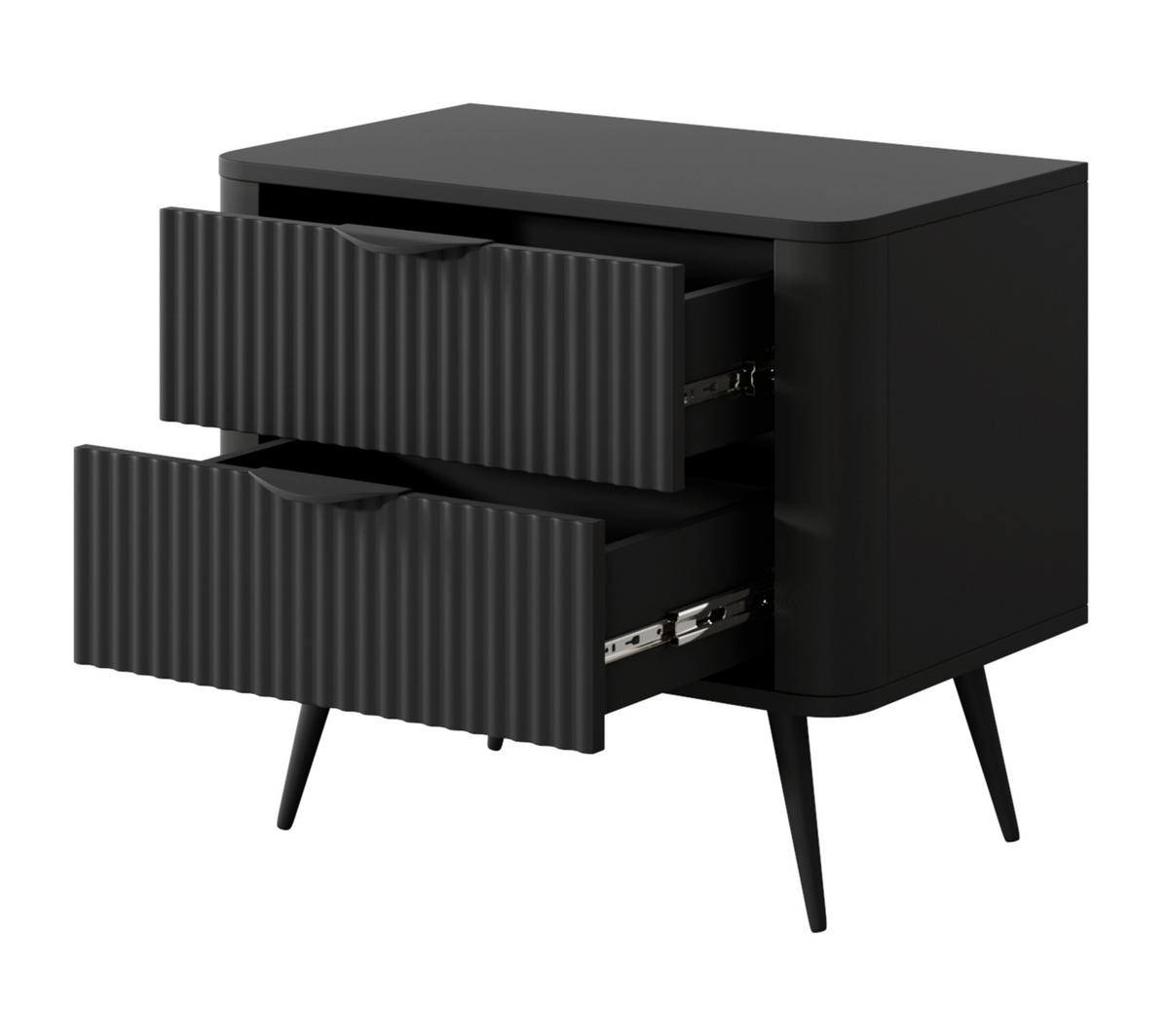 NACHTTISCH Vespasia 2S Schwarz 63,2/55,3/38 cm – Geriffelten Fronten - Schwarz, Holzwerkstoff/Metall (63.2/55.3/38cm) - AX Living