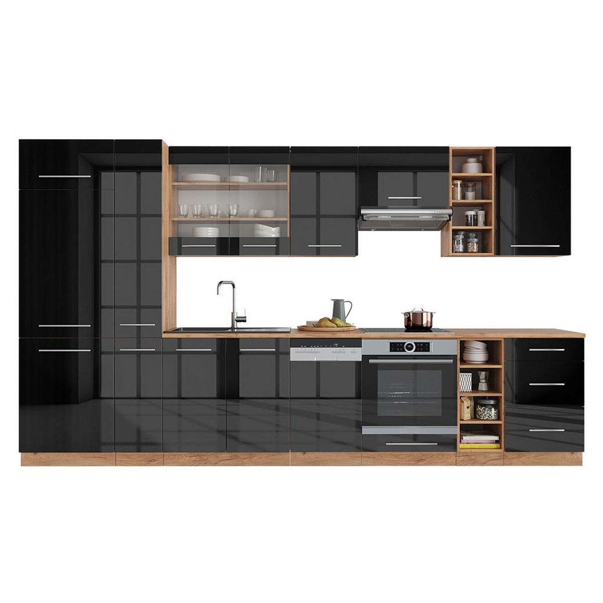KÜCHENZEILE Fame-Line Anthrazit Hochglanz/Goldkraft Eiche 355 cm ohne Arbeitsplatte - Honigeiche/Schwarz Hochglanz, Holzwerkstoff (355/81.6/46cm) - Vicco