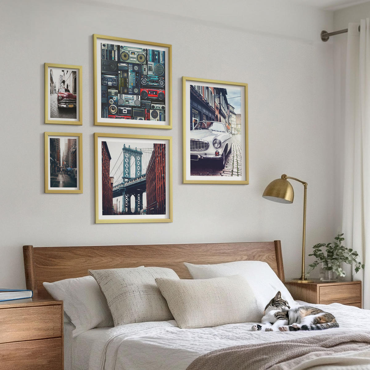 WANDBILDER 5er Set - 50x50 cm & 20x30 cm & 40x60 cm Goldrahmen - Old Cars Brooklyn Retro-Audio - Goldfarben, Kunststoff (40/60cm) - ArtPrintCave