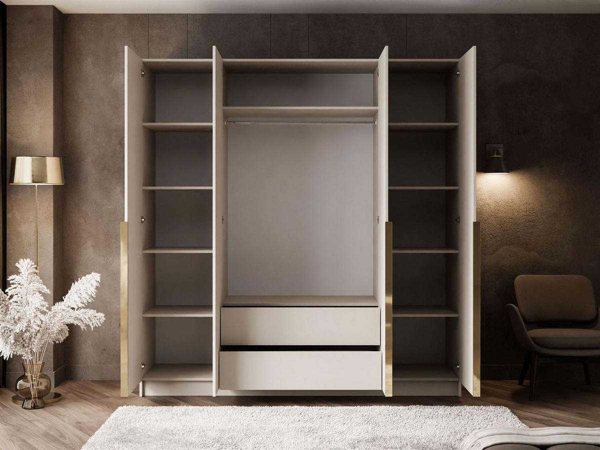KLEIDERSCHRANK AUREL 4D mit Spiegel mit goldenen Griffen - Kaschmir/Goldfarben, Holzwerkstoff (200/200/57cm) - Lookway