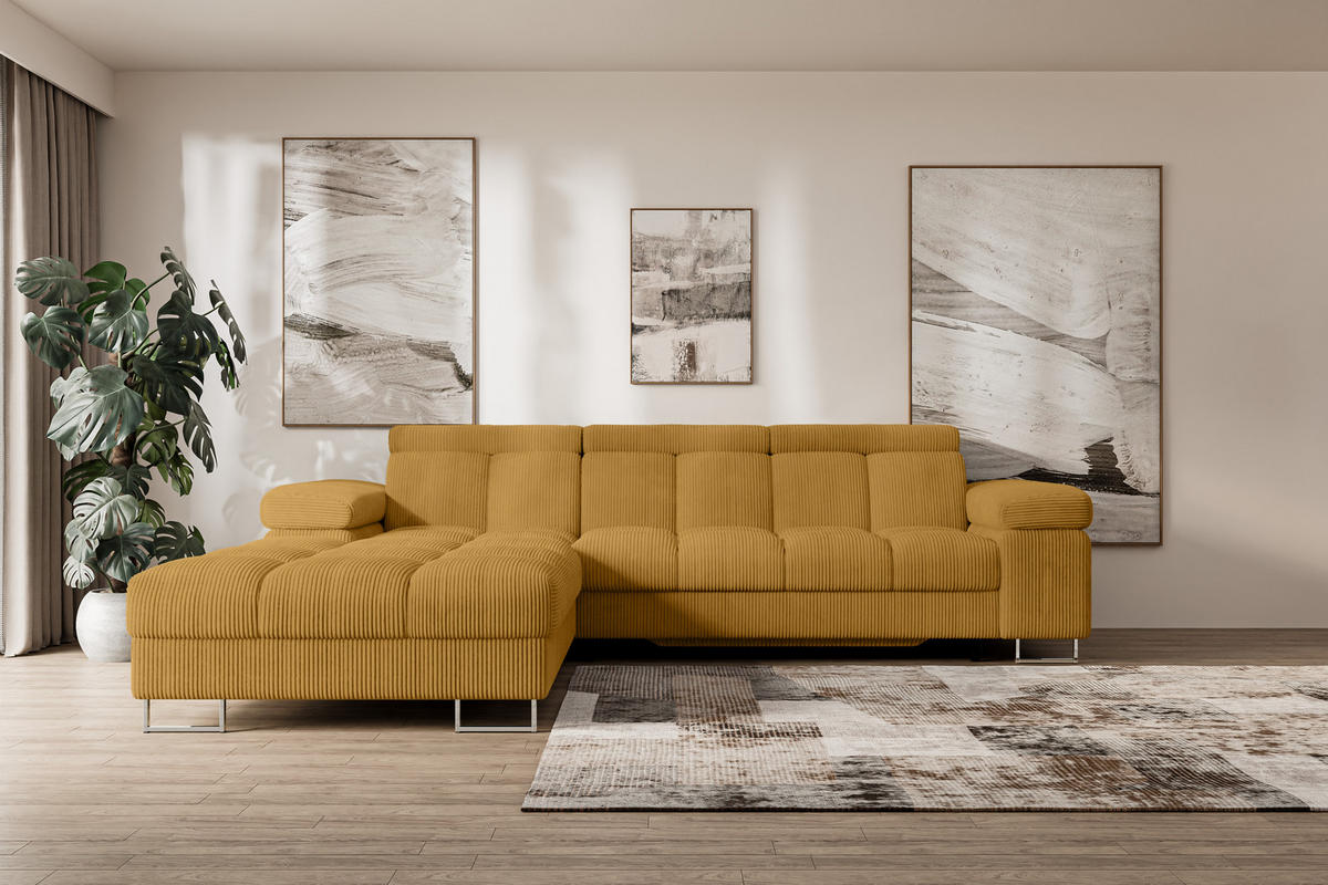 ECKSOFA mit Schlaffunktion Ottomane Links COMA L 271x203x79 Senfgelb Cord - Honig, Holzwerkstoff/Textil (271/203cm) - ALTDECOR