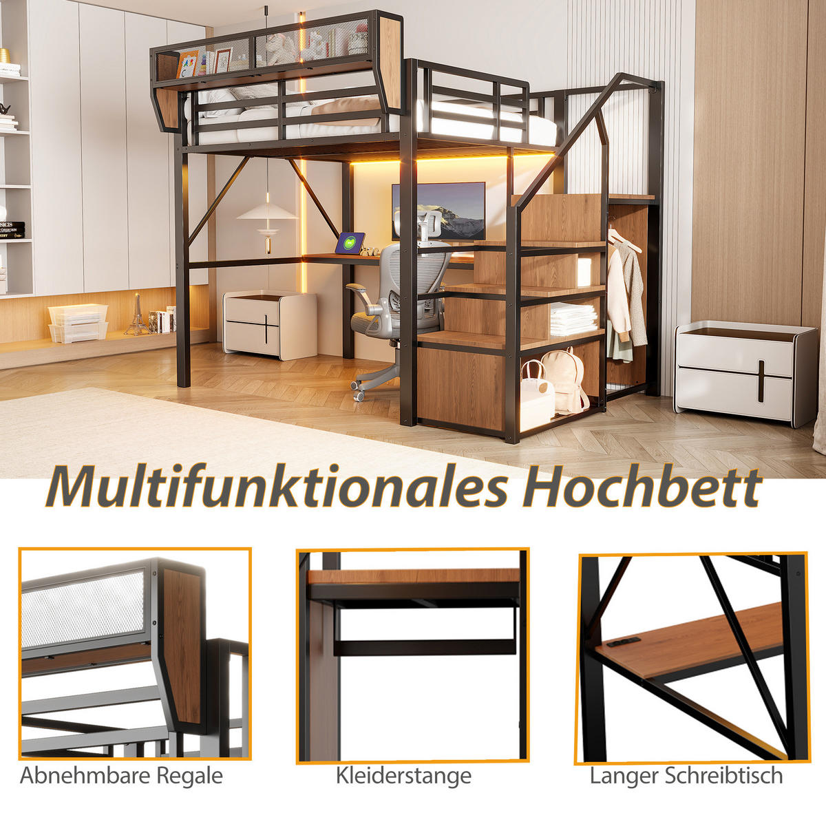 HOCHBETT 140/200 cm in Schwarz mit LED-Beleuchtung, Schreibtisch und Stauraum - Schwarz, Metall (140/200cm) - Flora Grace