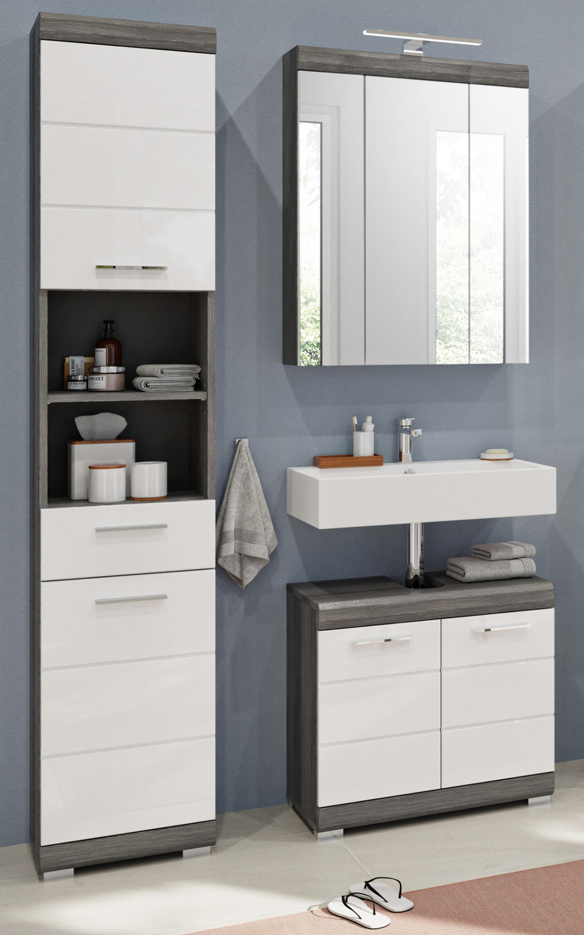 BADMÖBEL-SET weiß Hochglanz, grau 2-teilig 60 cm, Badkombination viel Stauraum - Weiß Hochglanz/Silberfarben, Glas/Holzwerkstoff (60/191/34cm) - Inn.Furn