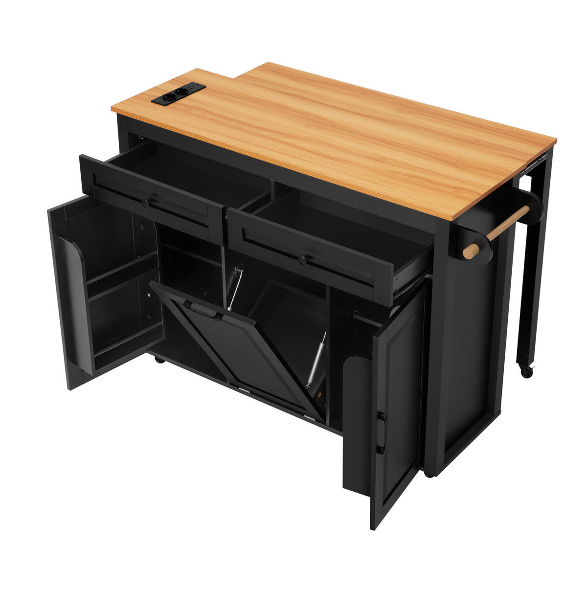 KÜCHENINSEL aus MDF 120/40-75/92 cm mit ausziehbarer Arbeitsplatte, Steckdosenleiste, Abfallfach und Rollen, Schwarz - Schwarz, Holzwerkstoff (120/92/75cm) - Redom