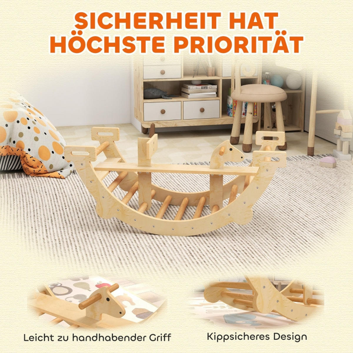 MONTESSORI Klettergerüst Indoor, mit 2 in 1 Kletterbogen aus Holz, 110x52x45 cm, Naturholz - Eschefarben, Holz (52/45/110cm) - Hauptrolle